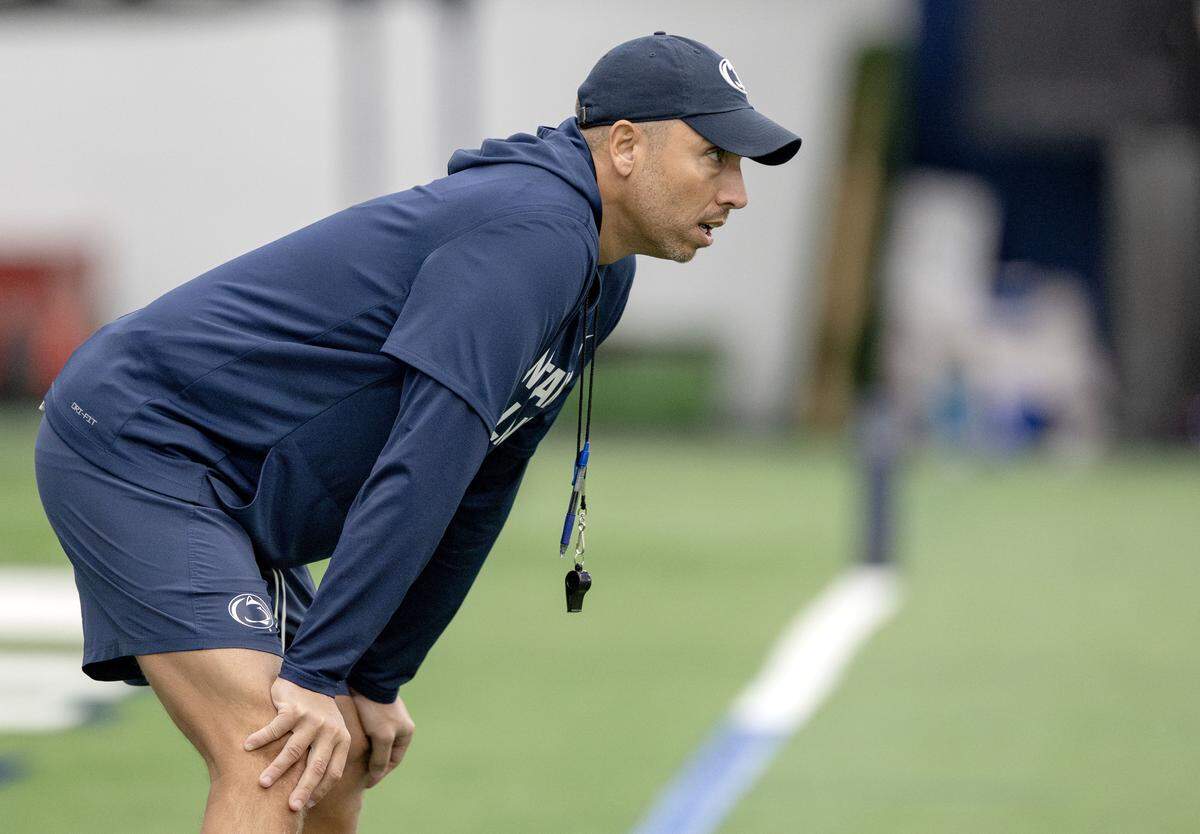 Penn State football coach Matt Campbell watches spring practice on Thursday, March 26, 2026.  