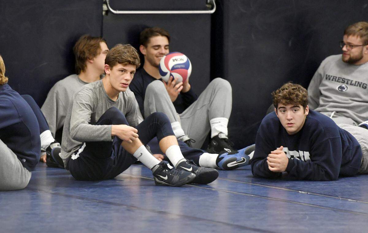 Penn State wrestler Baylor Shunk sits with his teammates before practice on Tuesday, Nov 5, 2019.