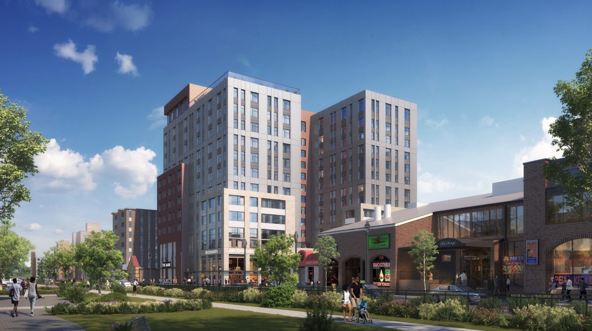 A 12-story building is proposed for the corner of East College Avenue and Sowers Street. The 155-foot building would be mixed use, as a multi-family residential apartment building with commercial and retail space. This conceptual design shows the view of the building from East College Avenue, looking east.