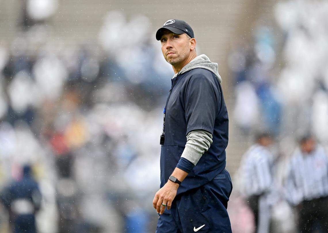 Penn State football coach Matt Campbell looks to the crowd during the Blue-White Practice on Saturday, April 25, 2026.  
