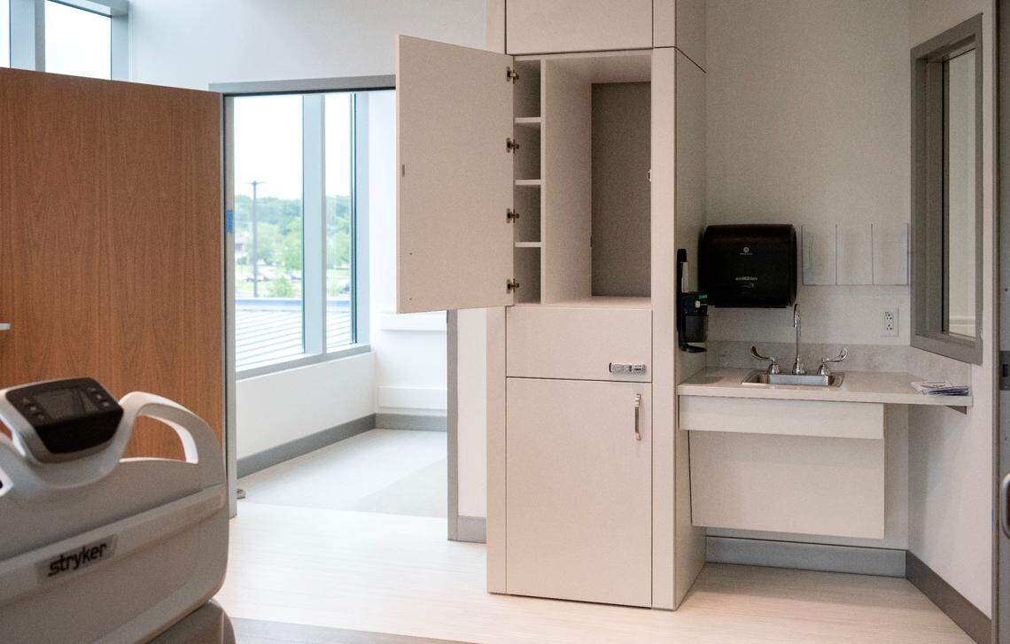 A pass-through door in an inpatient care room at Penn Highlands State College allowing nurses to pass food, medicines, and more through to a patient who is sleeping, or is low contact.