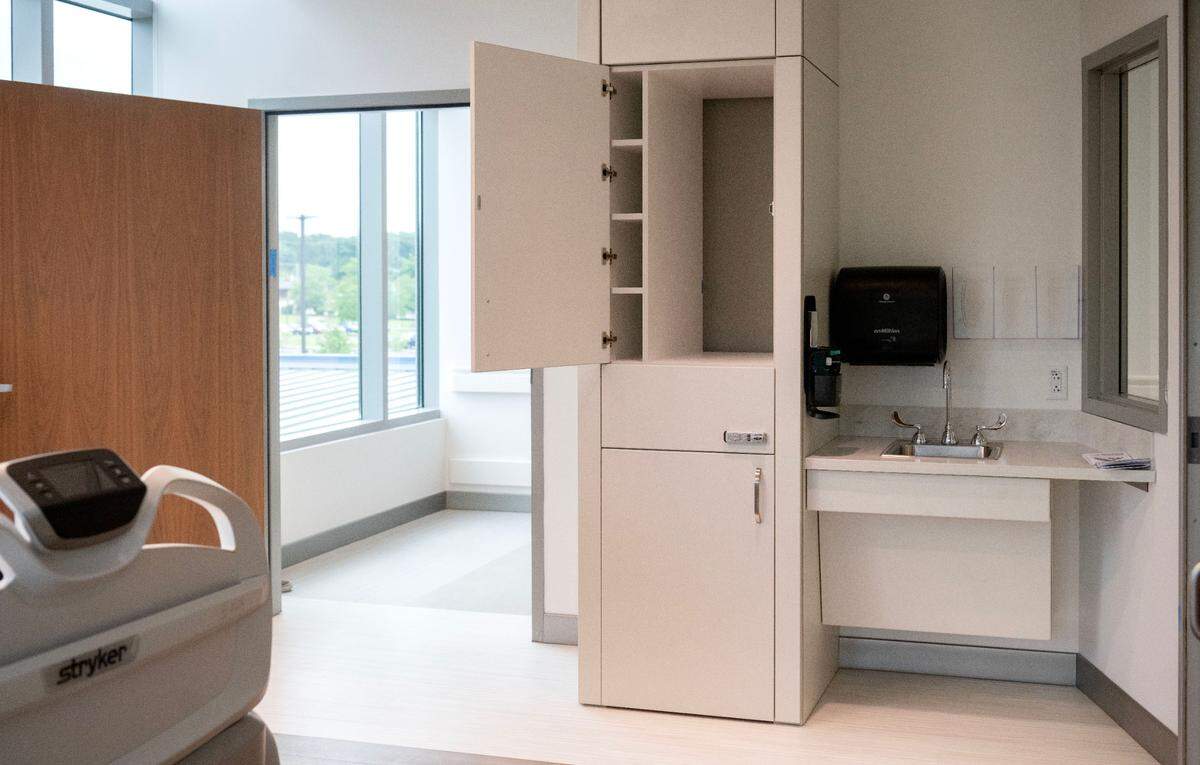 A pass-through door in an inpatient care room at Penn Highlands State College allowing nurses to pass food, medicines, and more through to a patient who is sleeping, or is low contact.