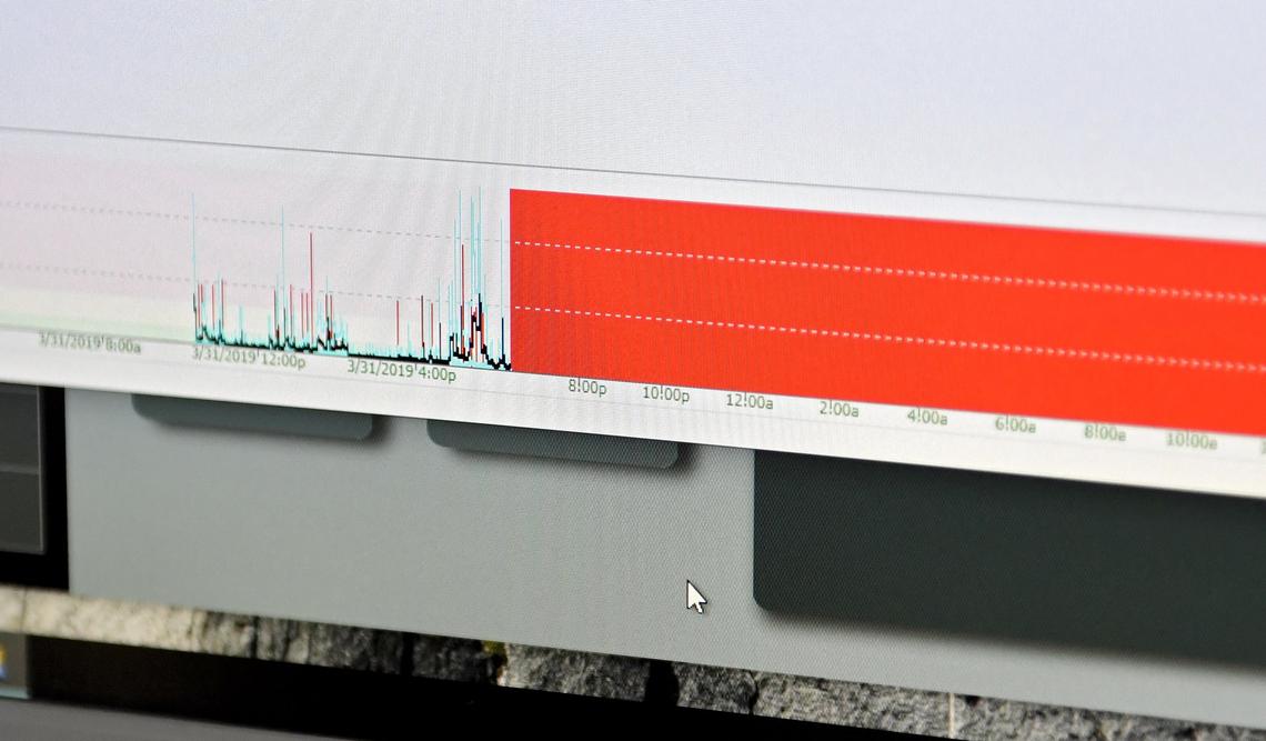 Doug Dodson, or Spring Mills, shows a latency test he was running on their internet connection before it cut out for hours.