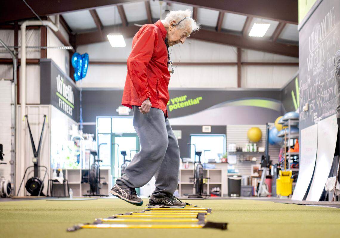 George Etzweiler does an agility ladder exercise at Ki’netik Fitness on Friday, April 5, 2024.