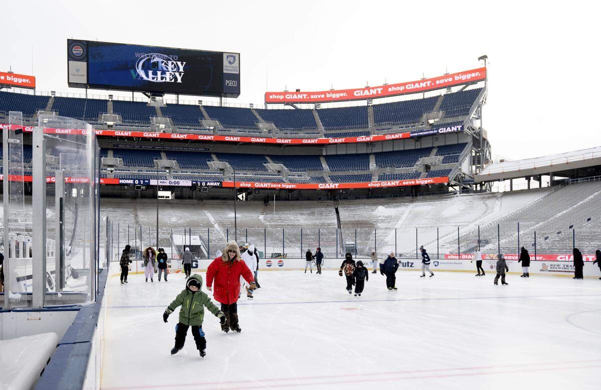 Penn State fans take part in the first public skate session on the ice at Beaver Stadium on Wednesday, Jan. 28, 2026.  