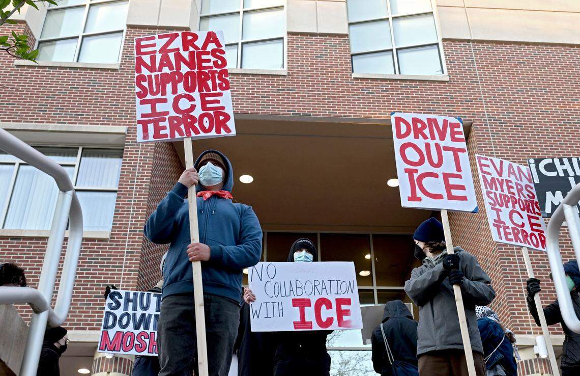 Protesters gathered outside of the State College Municipal meeting while a borough council meeting was in progress on Monday, April 20, 2026.  