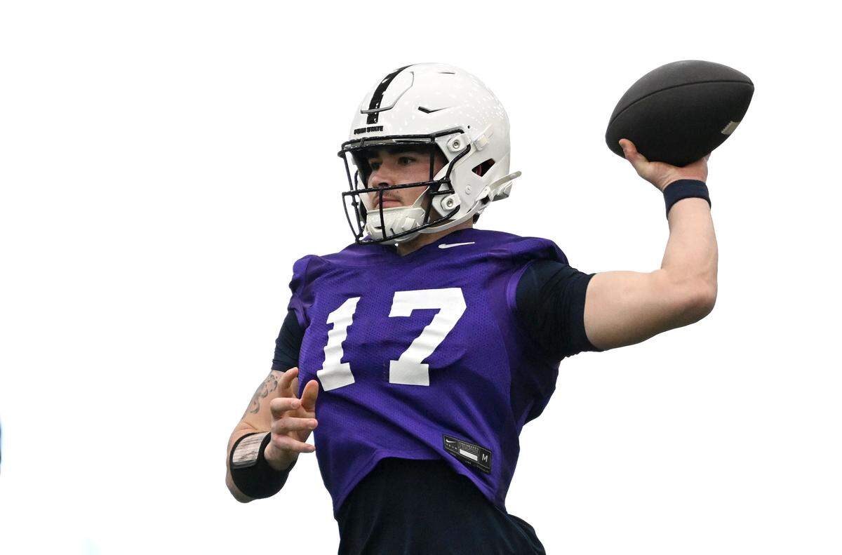 Penn State quarterback Connor Barry makes a pass during spring practice on Thursday, March 26, 2026.  