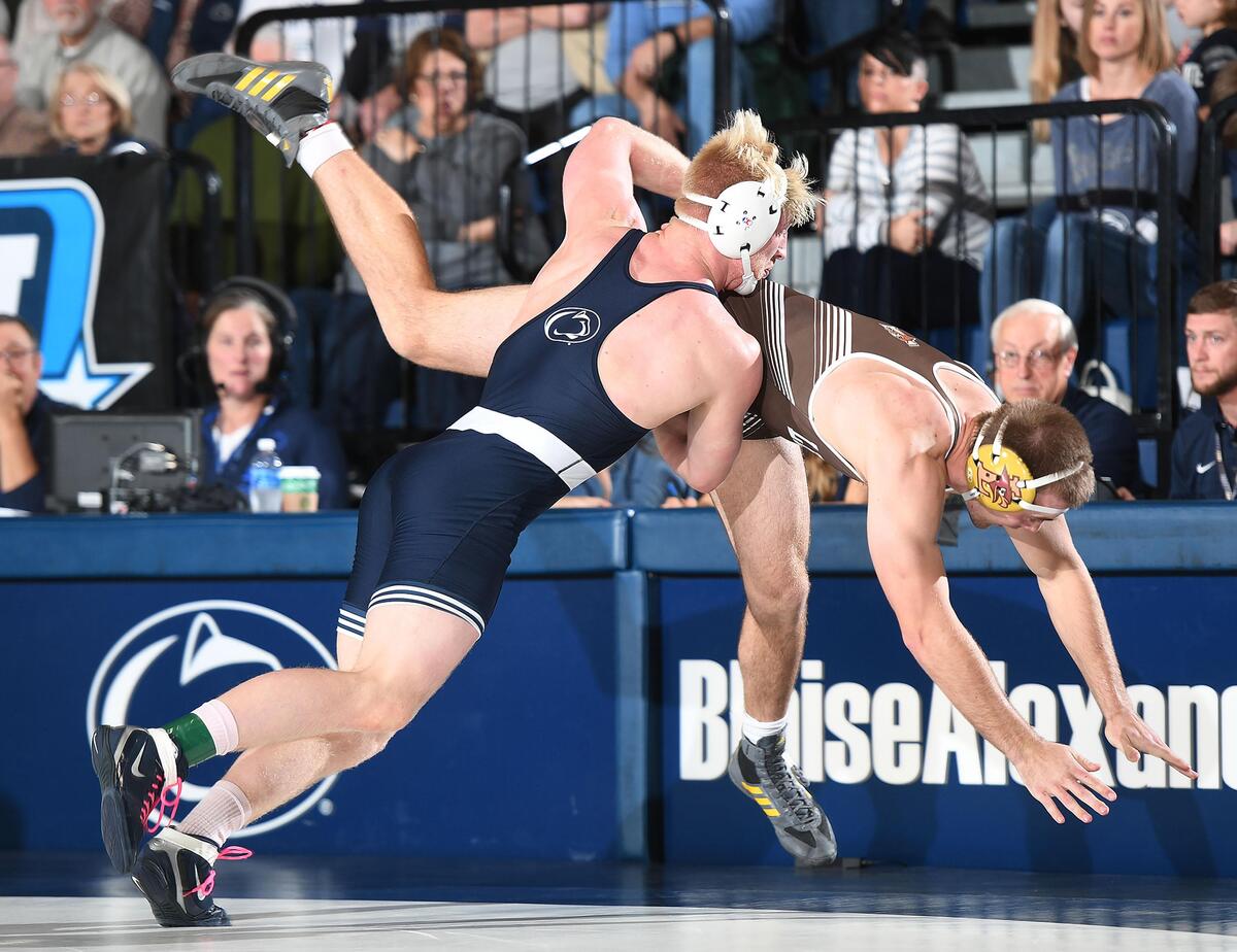 Penn State’s Bo Nickal, 197 lbs, lifts Lehigh’s Jake Jakobsen for a take-down Sunday at Rec Hall in State College. Nickal won in a technical fall. Penn State defeated Lehigh, 42-0. (For the CDT/Steve Manuel)