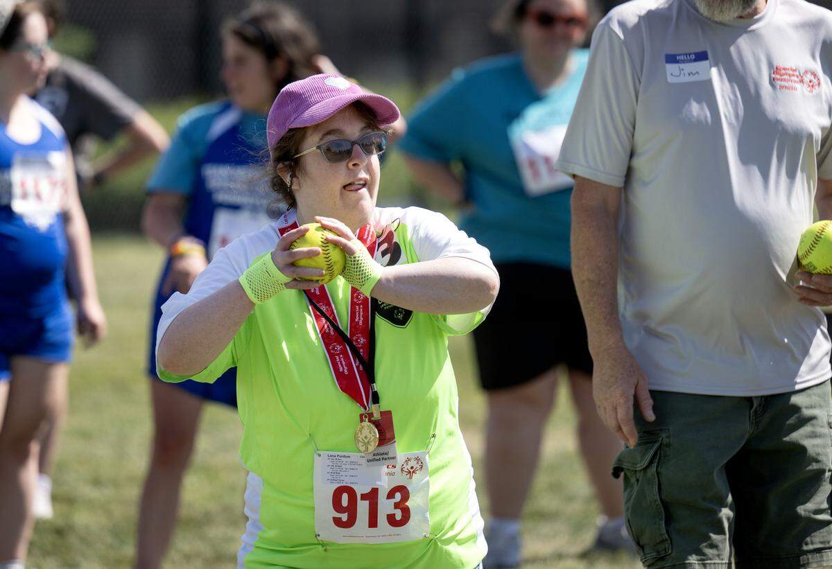 Lena Purdum from team Centre County competes in the softball throw during the 2026 Special Olympics Pennsylvania Summer Games on Thursday, June 4, 2026. 