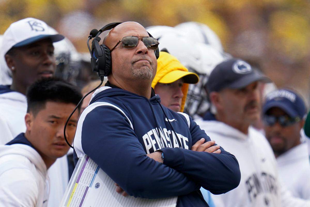 Penn State head coach James Franklin watches against Michigan in the first half of an NCAA college football game in Ann Arbor, Mich., Saturday, Oct. 15, 2022.
