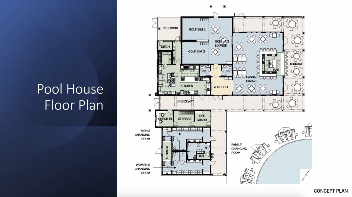 A pool, pool house and tennis and pickleball courts are proposed for the Centre Hills Country Club in State College. The pool house floor plan was presented to the borough planning commission Wednesday.