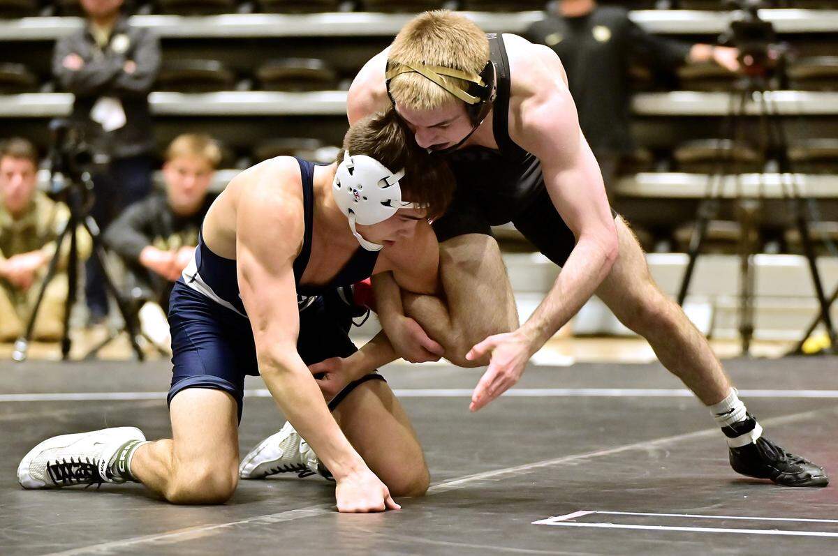 Penn State’s Luke Lilledahl looks to finish off a takedown of Army’s Charlie Farmer in their 125-pound finals match of the Black Knight Invitational on Sunday at West Point, NY. Lilledahl collected a 19-4 technical fall of Farmer in 6:13.