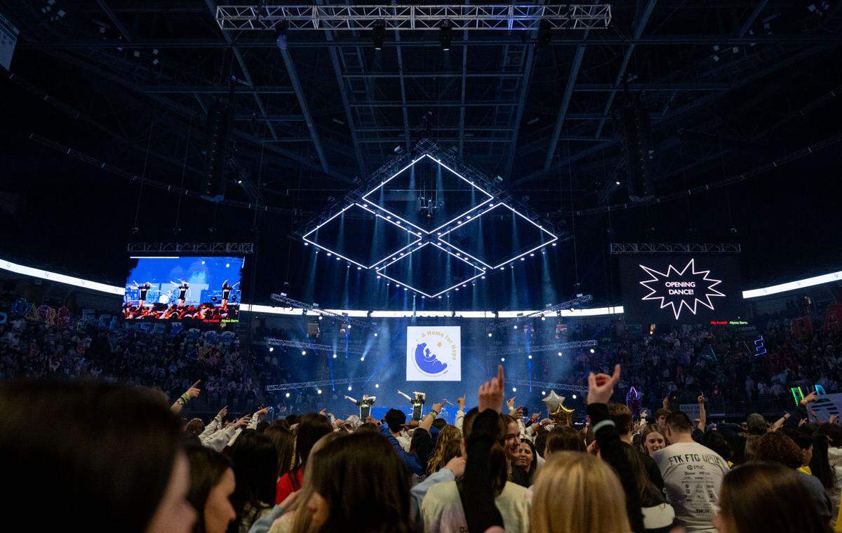 The dancer relations captains teach the line dance during Penn State Thon on Friday, Feb. 21, 2025. The line dance is performed once an hour through the 46 hours.