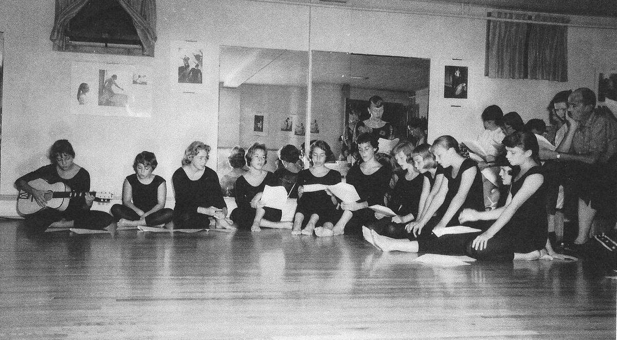 Cheryl Cutler, left, and other dance students in Betty Jane Dittmar’s studio, cira 1953-54.