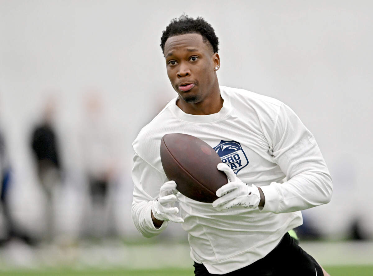 Cornerback Kalen King runs position drills for NFL scouts during Penn State’s Pro Day on Friday, March 15, 2024 in Holuba Hall.