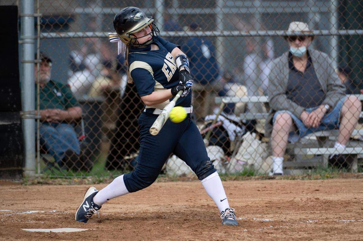 Bald Eagle’s Autumn Tobias (1) hits the ball during Bald Eagle Area softball’s game against Central High School at the Milesburg youth baseball complex on Tuesday, April 13, 2021 in Milesburg, PA.
