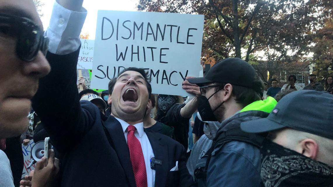 Self-proclaimed professional troll Alex Stein arrives at the Thomas Building on Oct. 24 ahead of his scheduled event, which was later canceled.