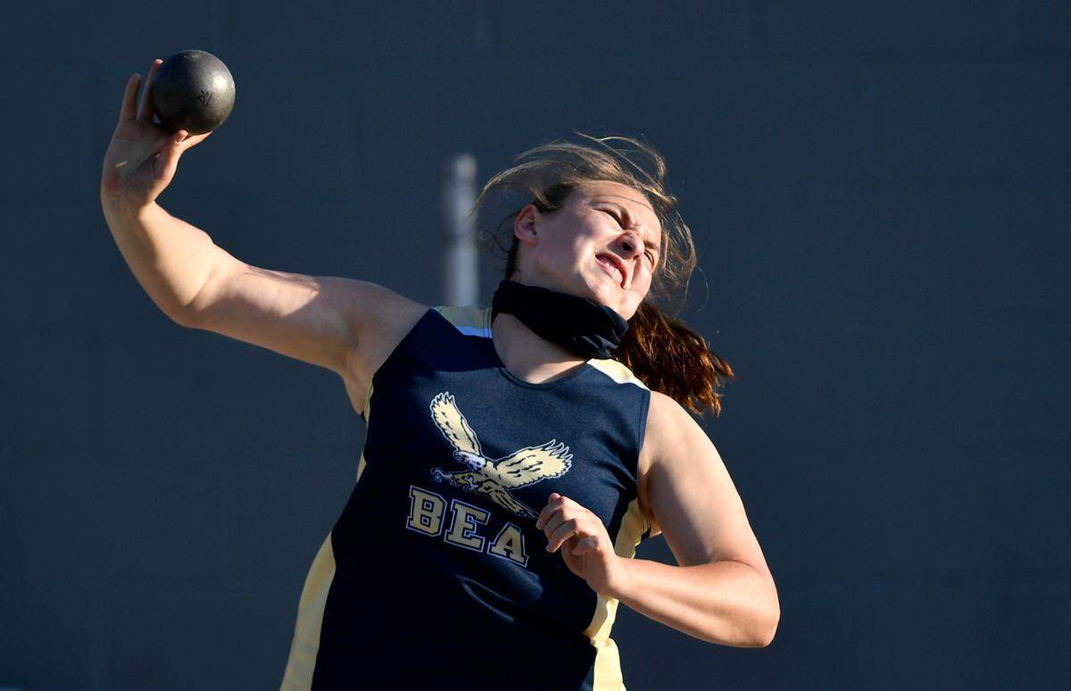 Bald Eagle Area’s Sarah Holler competes in the shot put during the District 6 2A track meet at Mansion Park on Tuesday, May 18, 2021.