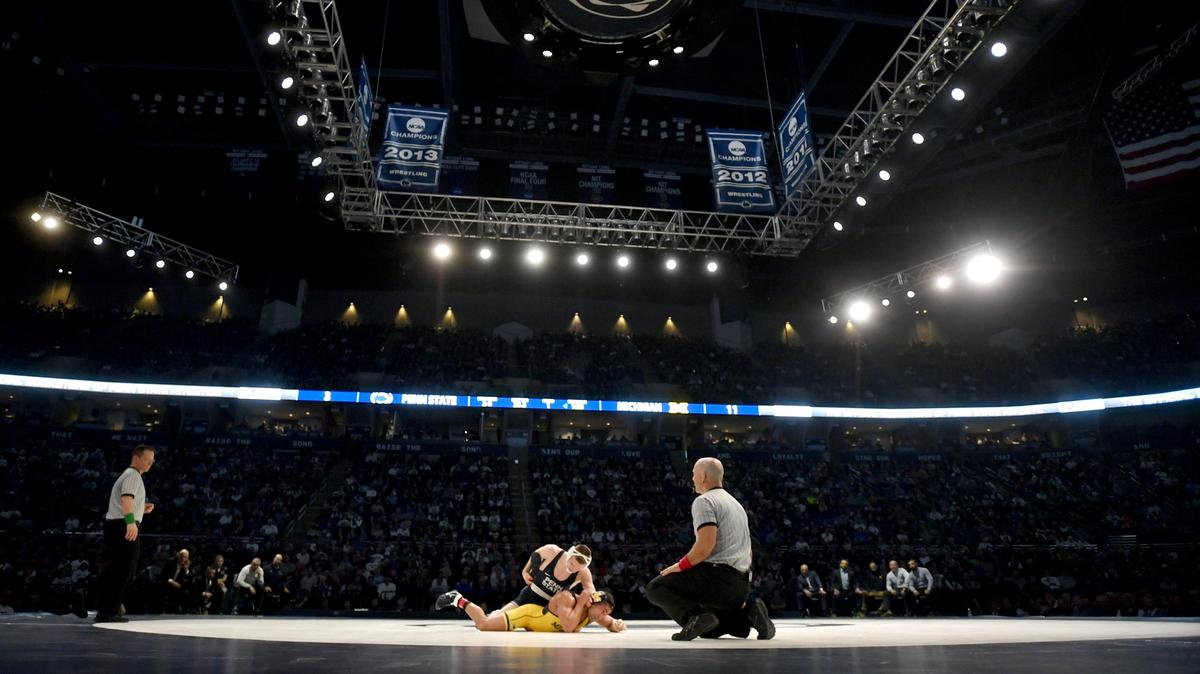 Penn State’s Jason Nolf controls Michigan’s Alex Pantaleo in the 157 lb bout during the match at the Bryce Jordan Center on Friday, Feb. 1, 2019. Nolf won by decision, 9-2.