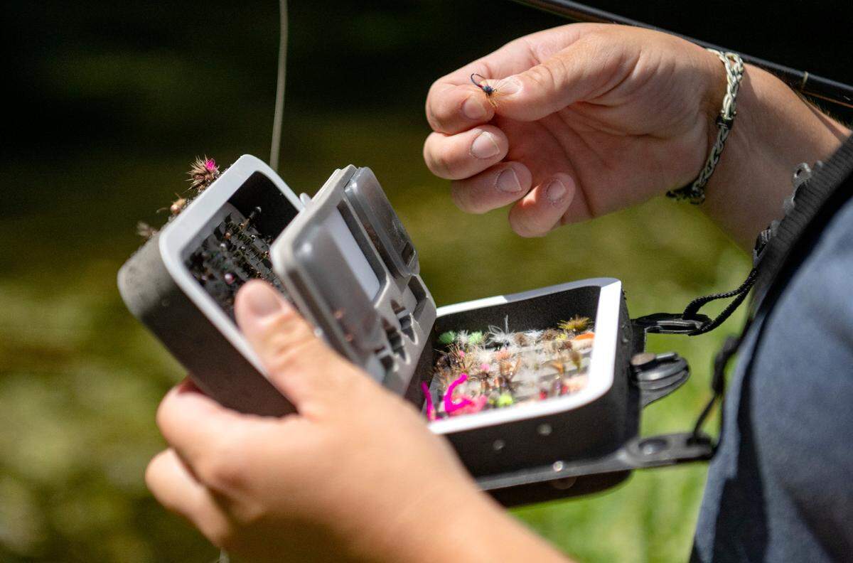 Tess Weigand picks a fly as she dry fly fishes along a section of Pine Creek on Wednesday, Aug. 24, 2022.