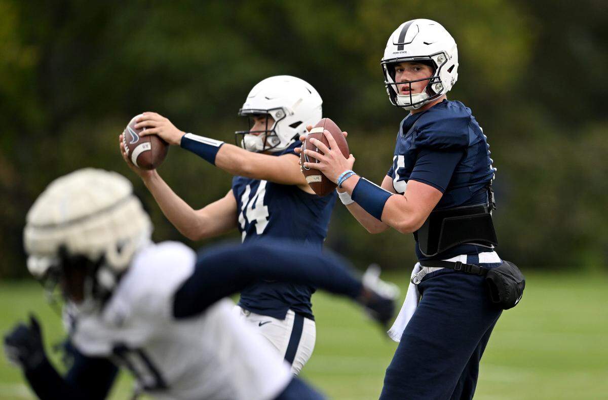 Penn State quarterback Drew Allar looks to make a pass during practice on Wednesday, Oct. 18, 2023.