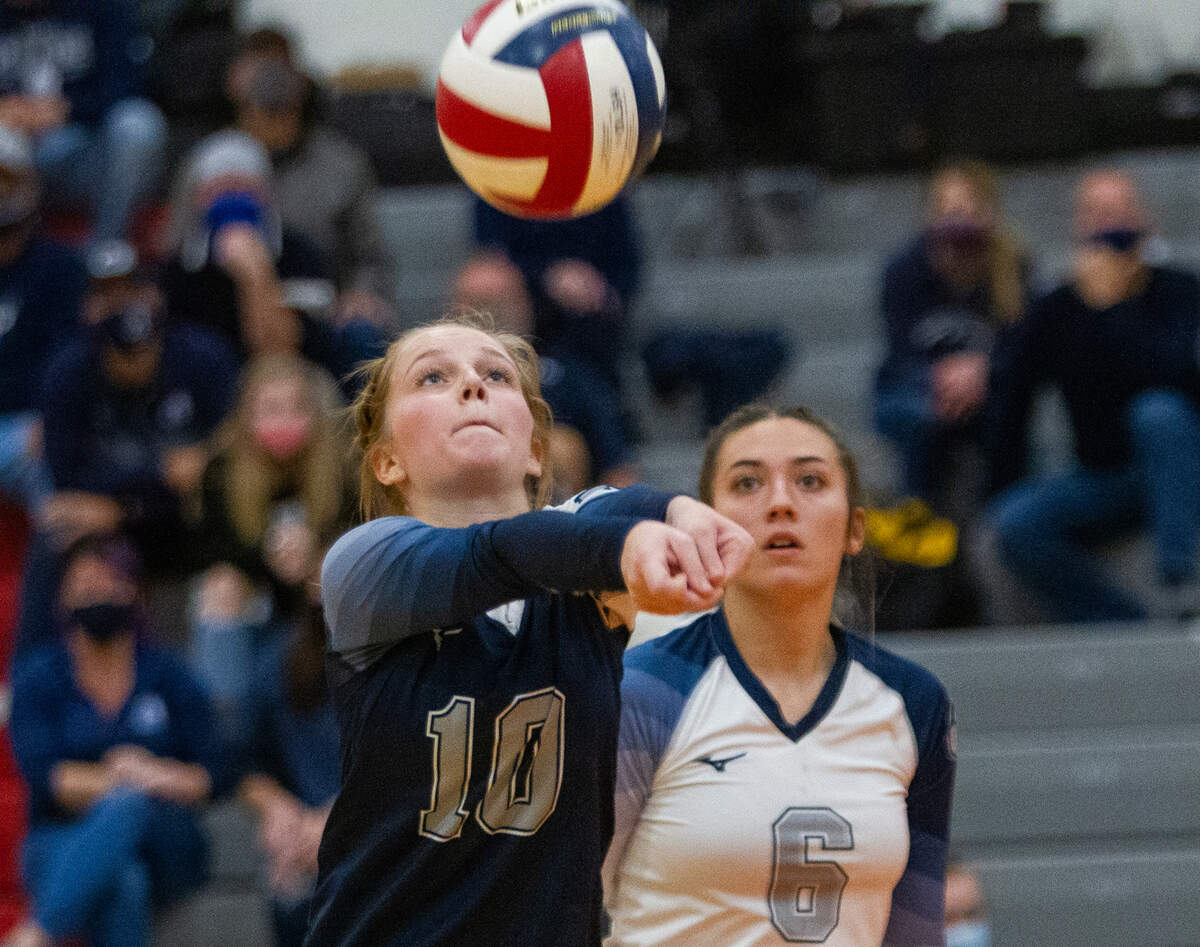 Philipsburg-Osceola’s Janey Johnson (10) bumps the ball during the PIAA Class 2A semifinal game against North Catholic High School in Cranberry Township on Tuesday, Nov. 17, 2020. The Lady Mounties defeated the Trojanettes 3-2 and will play in the state championship on Saturday.