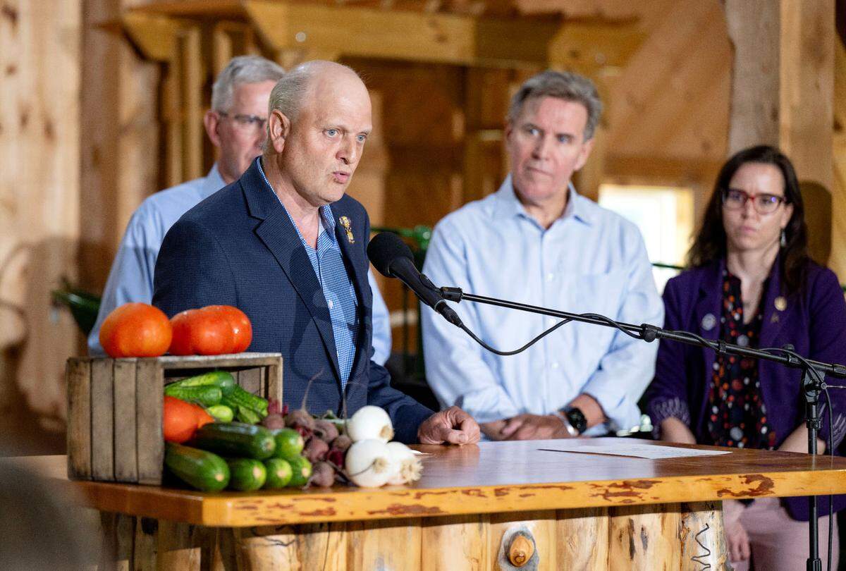 Pennsylvania State Grange President Matt Espenshade talks about the importance of the Supplemental Nutrition Assistance Program (SNAP) during a press conference at Wasson Farm on Wednesday, July 2, 2025.