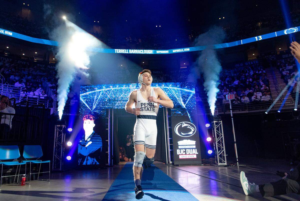 Penn State’s Terrell Barraclough runs out for his bout against Ohio State’s Isaac Wilcox during the match at the Bryce Jordan Center on Friday, Feb. 4, 2022.