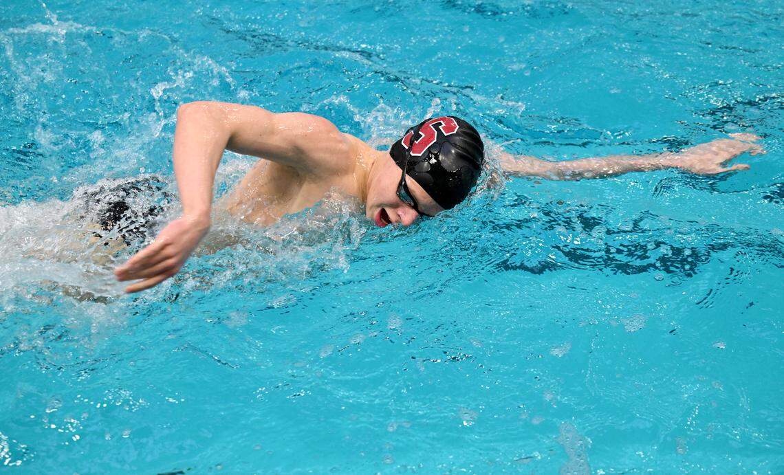 Luke Flickinger swims during State College swim team practice on Thursday, March 5, 2026.  