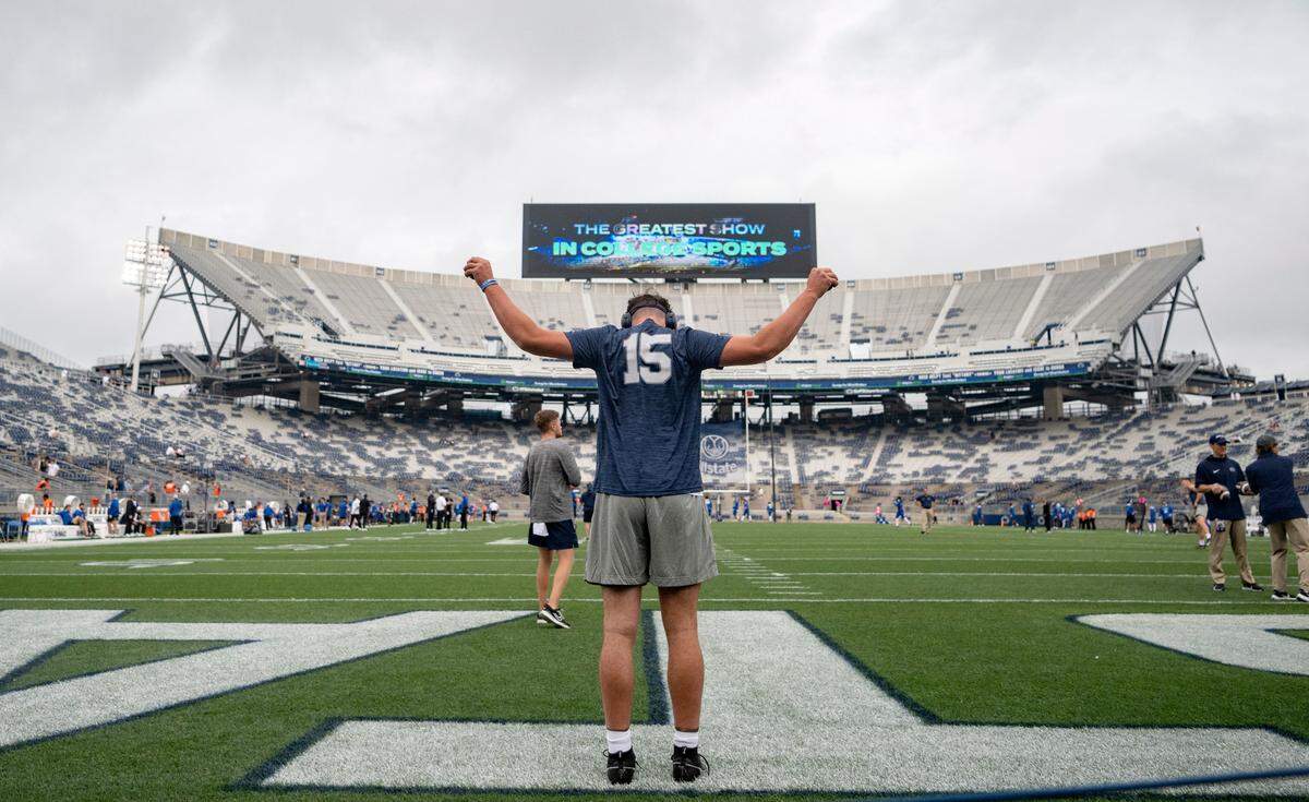 Penn State quarterback Drew Allar warms up for the game against Delaware on Saturday, Sept. 9, 2023.