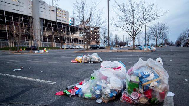 Trash in the tailgating lots after the Penn State Blue-White Game on Saturday, April 21, 2018.  