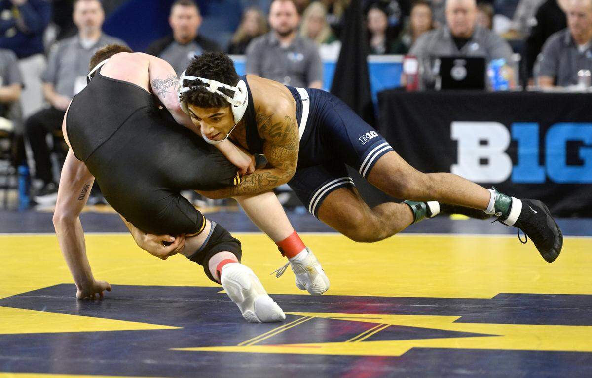 Penn State’s Roman Bravo-Young controls Iowa’s Brody Teske in the 133 lb quarterfinal round of the Big Ten wrestling championships at the Crisler Arena on Saturday, March 4, 2023.