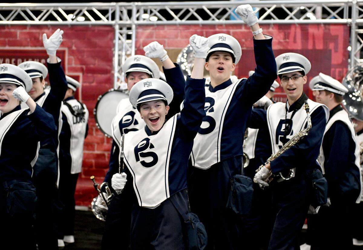 Members from the Penn State Blue Band pump up the fans at the Big Ten Fan Fest sponsored by Dr Pepper at the Indianapolis Convention Center before the game on Saturday, Dec. 7, 2024.