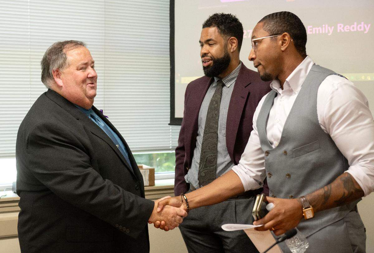 Centre County Correctional Facility Warden Glenn Irwin talks with State Rep. Rick Krajewski and State Rep. Aeiron Abney from the Pennsylvania Black Legislative Caucus on Wednesday, Aug. 28, 2024.