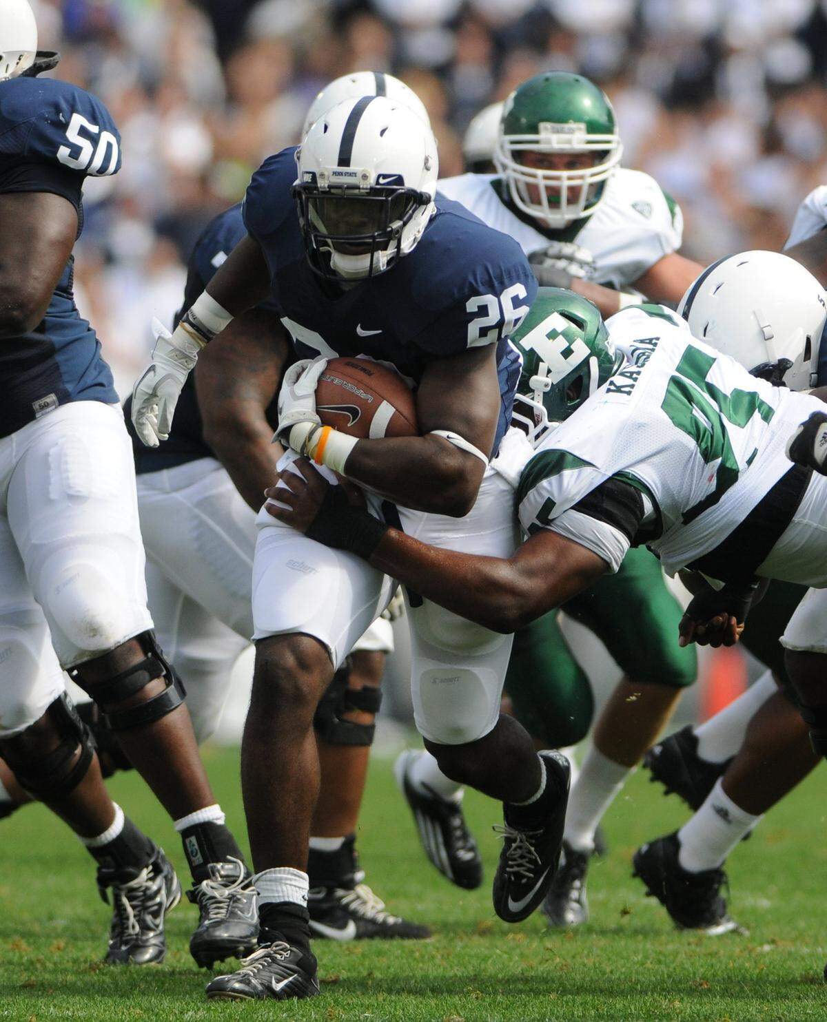 Penn State’s Kyle Lucas breaks through the Eastern Michigan line during a game at Beaver Stadium on Saturday, September 24, 2011. Penn State won 34-6. CDT/Joshua Sykes