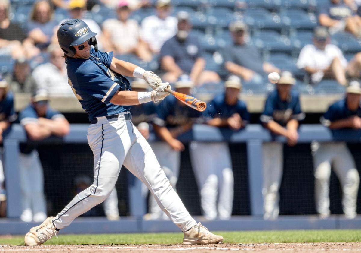 Bald Eagle Area’s Carson Nagle hits a triple in the top of the fifth inning of the PIAA 2A championship game against Tri-Valley at Medlar Field on Thursday, June 13, 2024.