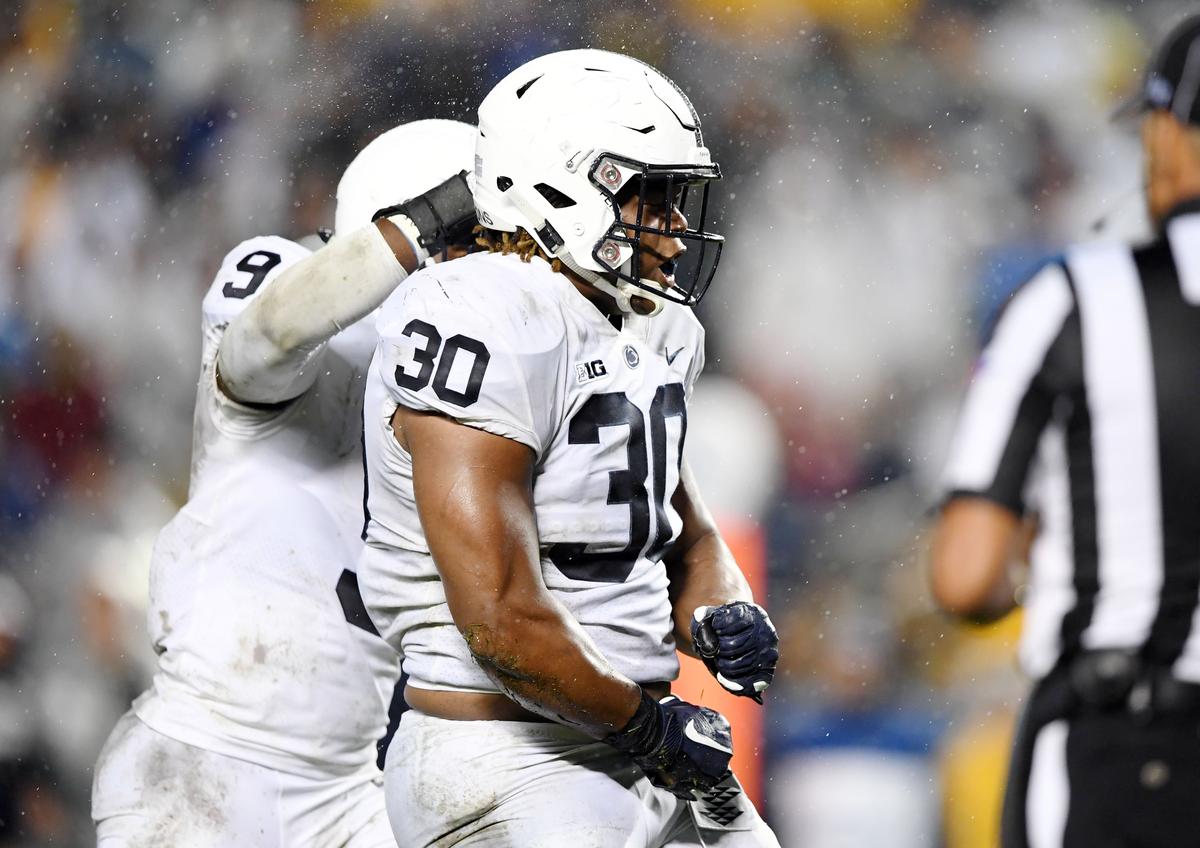 Penn State defensive tackle Kevin Givens reacts after tackling Pitt running back Qadree Ollison during a game against Pitt Saturday, Sept. 8, 2018 at Heinz Field.