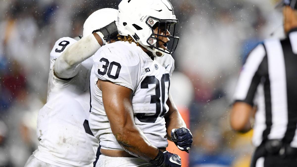 Penn State defensive tackle Kevin Givens reacts after tackling Pitt running back Qadree Ollison during a game against Pitt Saturday, Sept. 8, 2018 at Heinz Field.