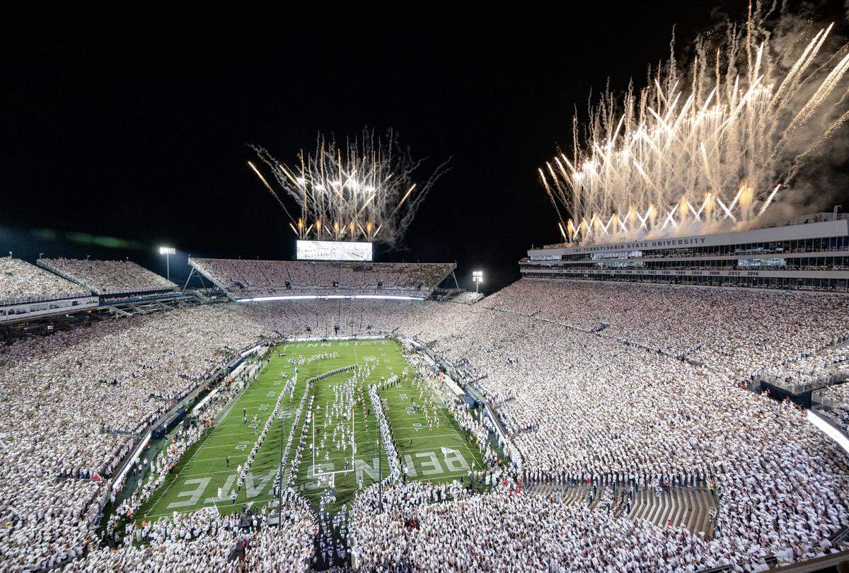 Fireworks go off as the Penn State football team runs out for the White Out game against Oregon on Saturday, Sept. 27, 2025.  