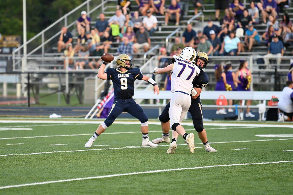 Bald Eagle Area’s Carson Nagle finds his receiver against Bishop Guilfoyle during the first game of the season on Friday, Aug. 25, 2023.