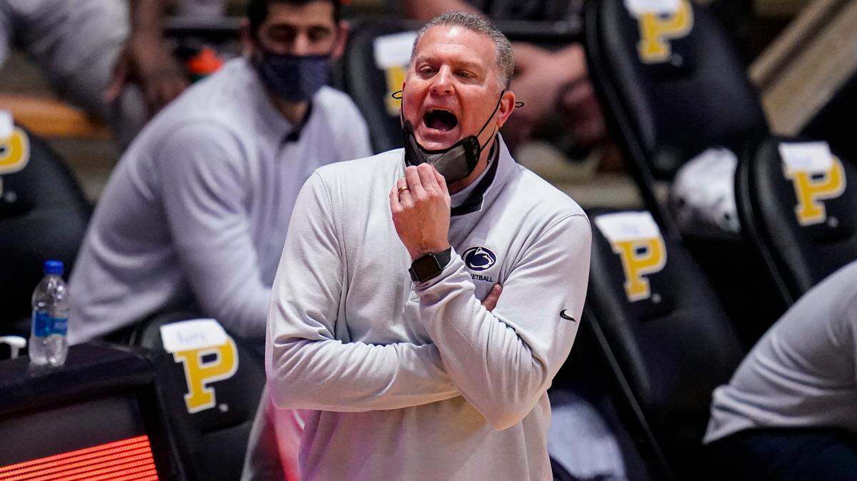 Penn State head coach Jim Ferry during the first half of an NCAA college basketball game against Purdue in West Lafayette, Ind., Sunday, Jan. 17, 2021. (AP Photo/Michael Conroy)