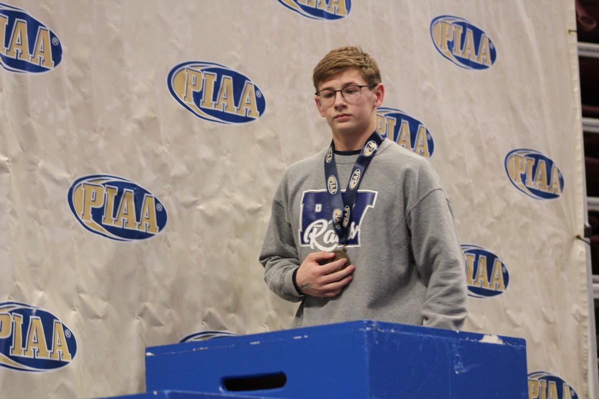 Penns Valley’s Ty Watson gets set to climb onto the podium after his sixth place finish of the PIAA Class 2A Championships at 145 pounds on Saturday, March 12, 2022 at Giant Center in Hershey. He was pinned by Notre Dame Green Pond’s Evan Maag in 3:15.