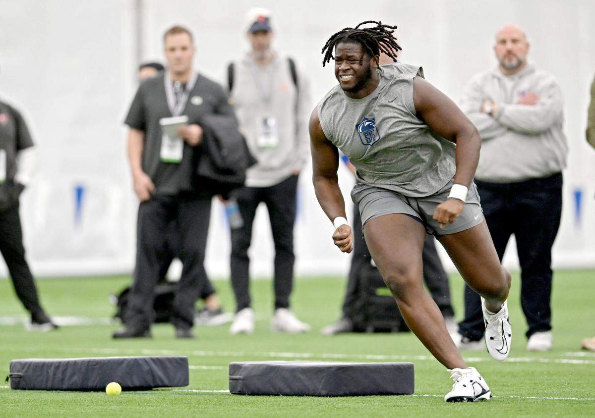 Offensive lineman Olu Fashanu runs position drills for NFL scouts at Penn State’s Pro Day on Friday, March 15, 2024 in Holuba Hall.