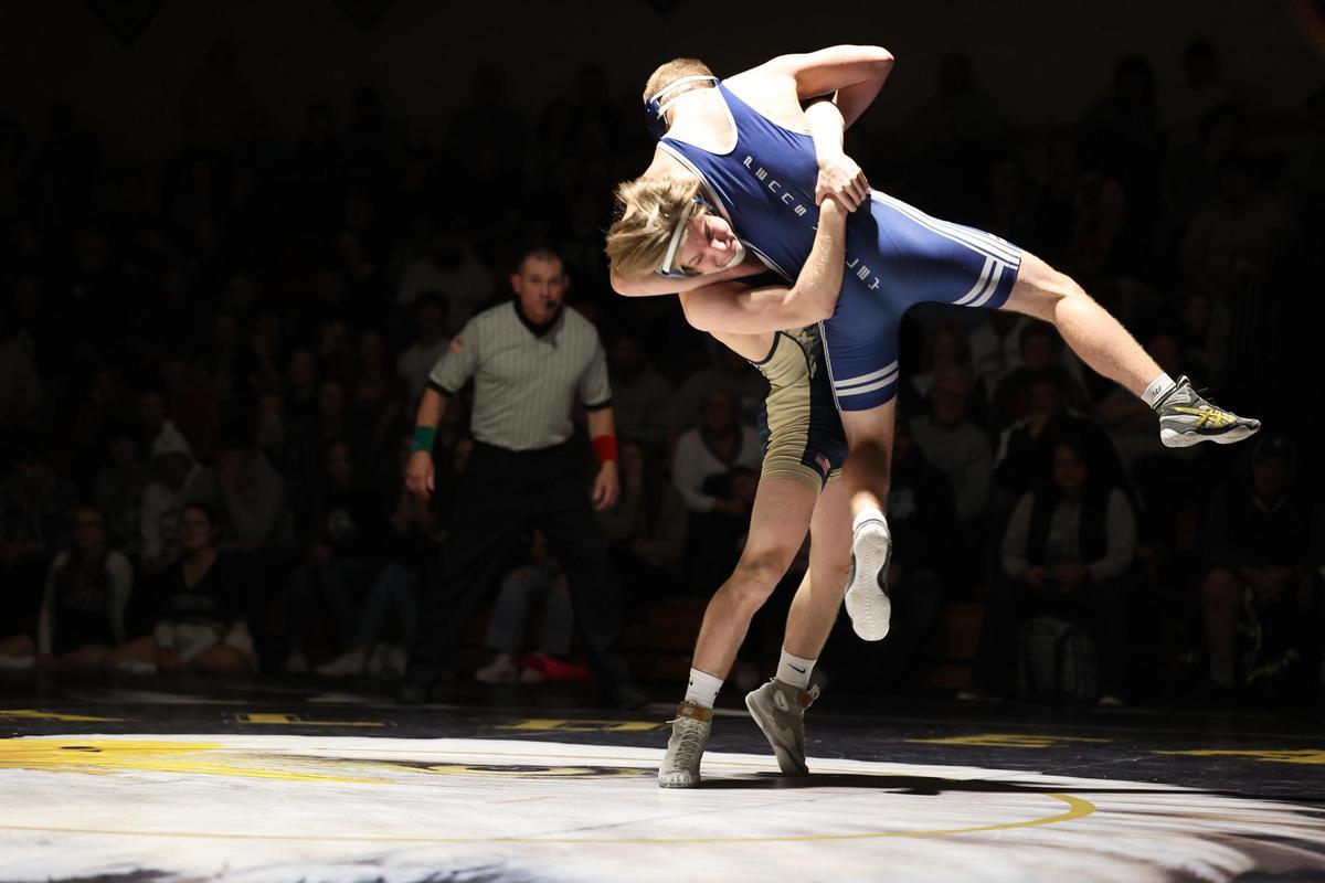 Bald Eagle Area’s Coen Bainey looks to secure a takedown of Penns Valley’s Chase Fleshman in their 133-pound bout of the Eagles’ 31-27 loss on Tuesday, January 10, 2023. Bainey beat Fleshman, 20-5 in 5:51 of wrestling.