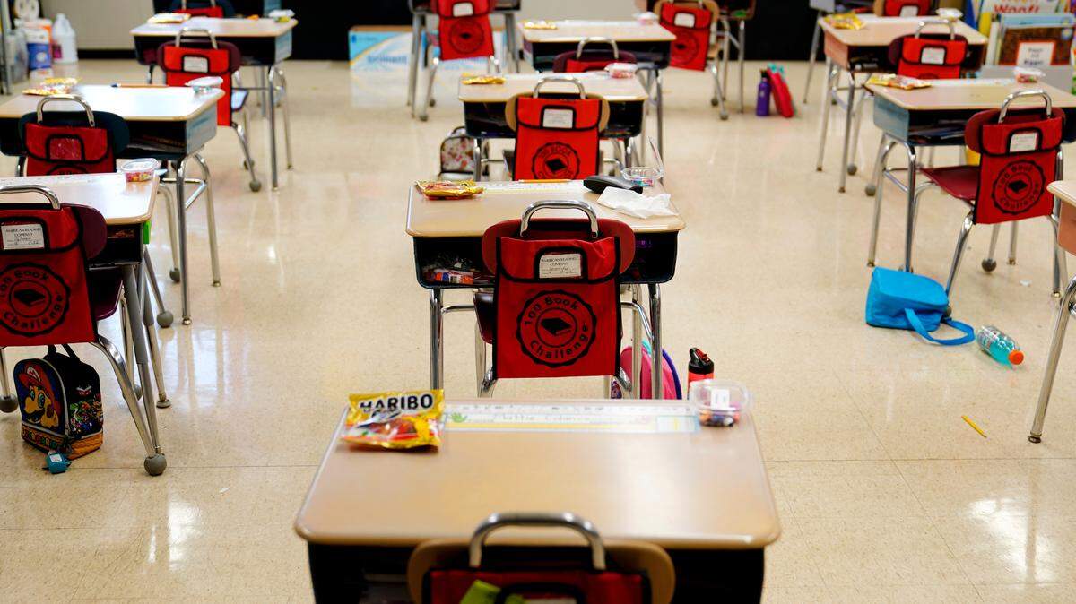 Desks are arranged in a classroom at an elementary school in Nesquehoning, Pa., March 11, 2021.