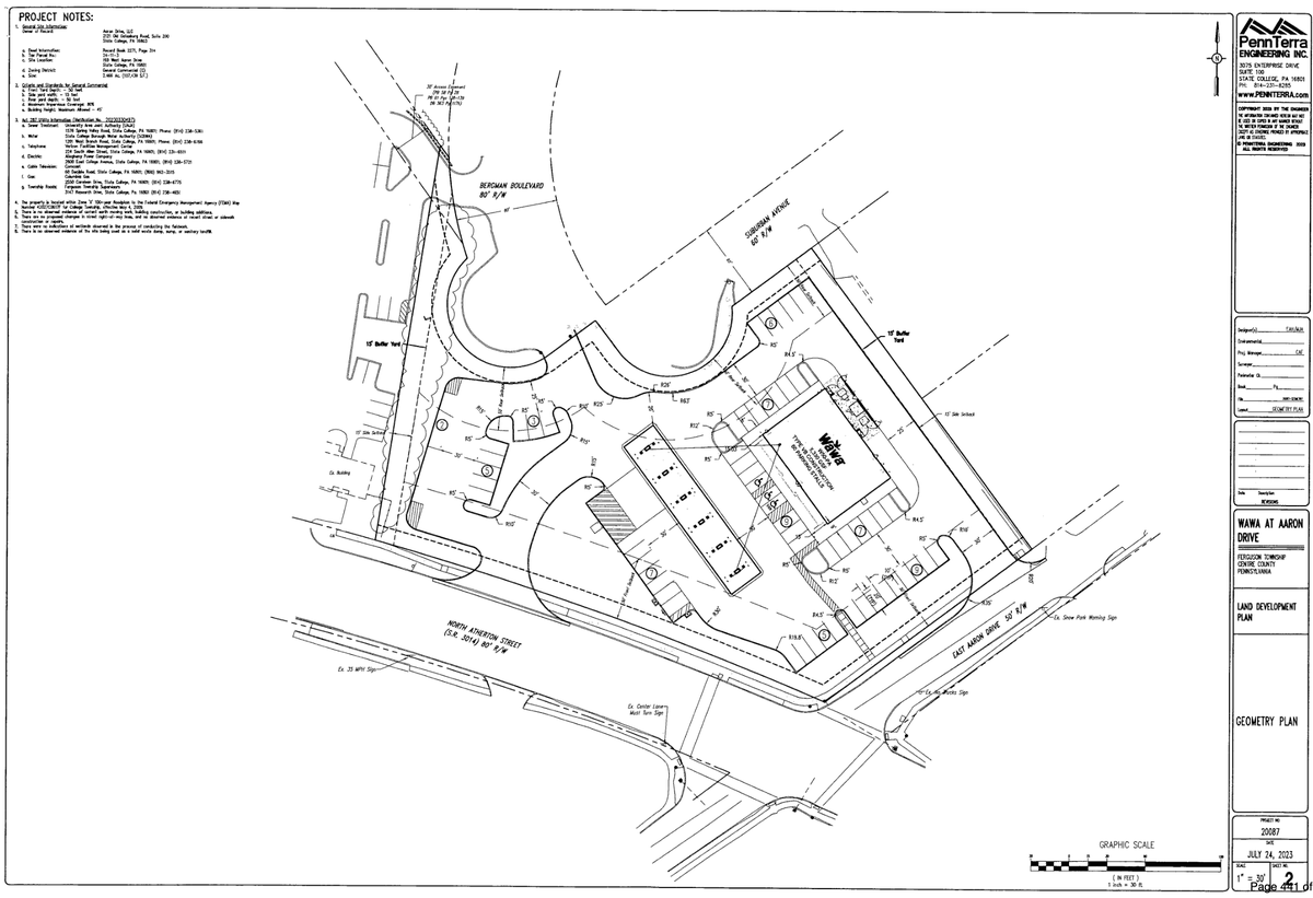 A variance request was submitted to Ferguson Township for a 110 square foot variance at 169 W. Aaron Drive, State College for a gasoline canopy. A PennTerra Engineering land development plan shows Wawa at that site.