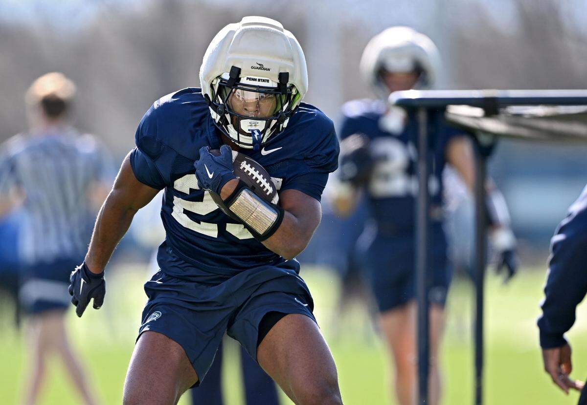 Penn State running back Quinton Martin Jr. runs a drill  during practice on Thursday, April 9, 2026.  