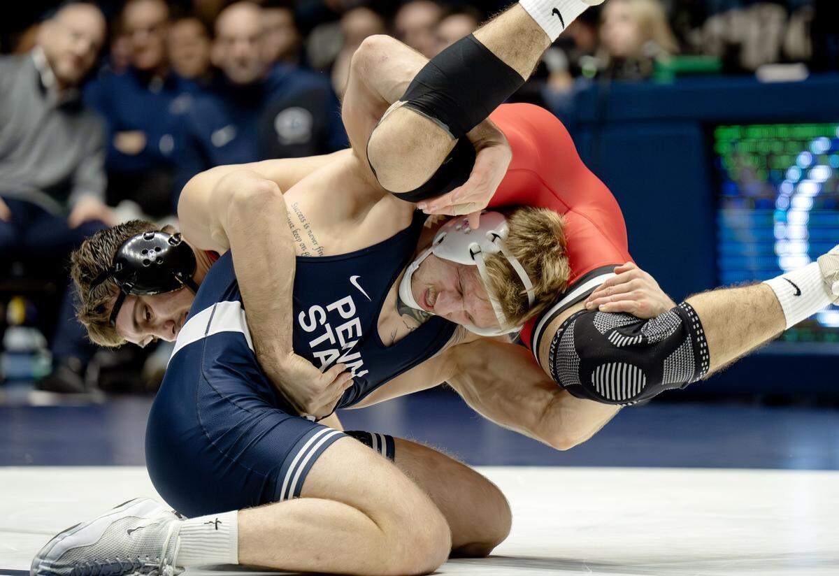 Penn State’s Josh Barr controls Rutgers’ Remy Cotton in the 197 lb bout of the match on Saturday, Jan. 10, 2026 in Rec Hall.