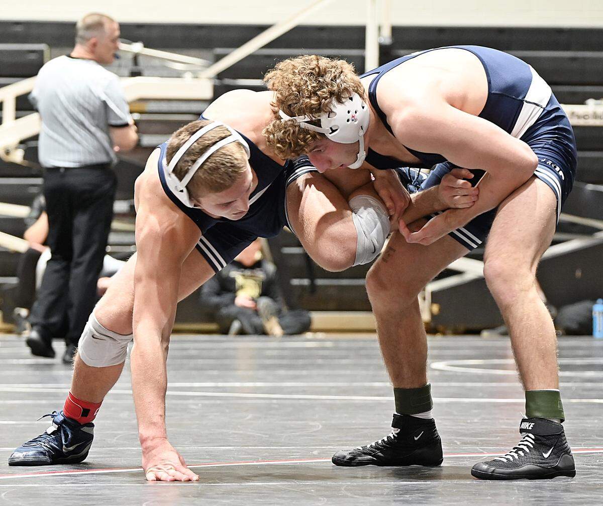 Penn State’s Terrell Barraclough aims to fight off a takedown attempt from teammate Mitchell Mesenbrink in their 165-pound finals match of the Black Knight Invite on Sunday in the Christl Arena at West Point, N.Y. Mesenbrink beat Barraclough, 8-5.