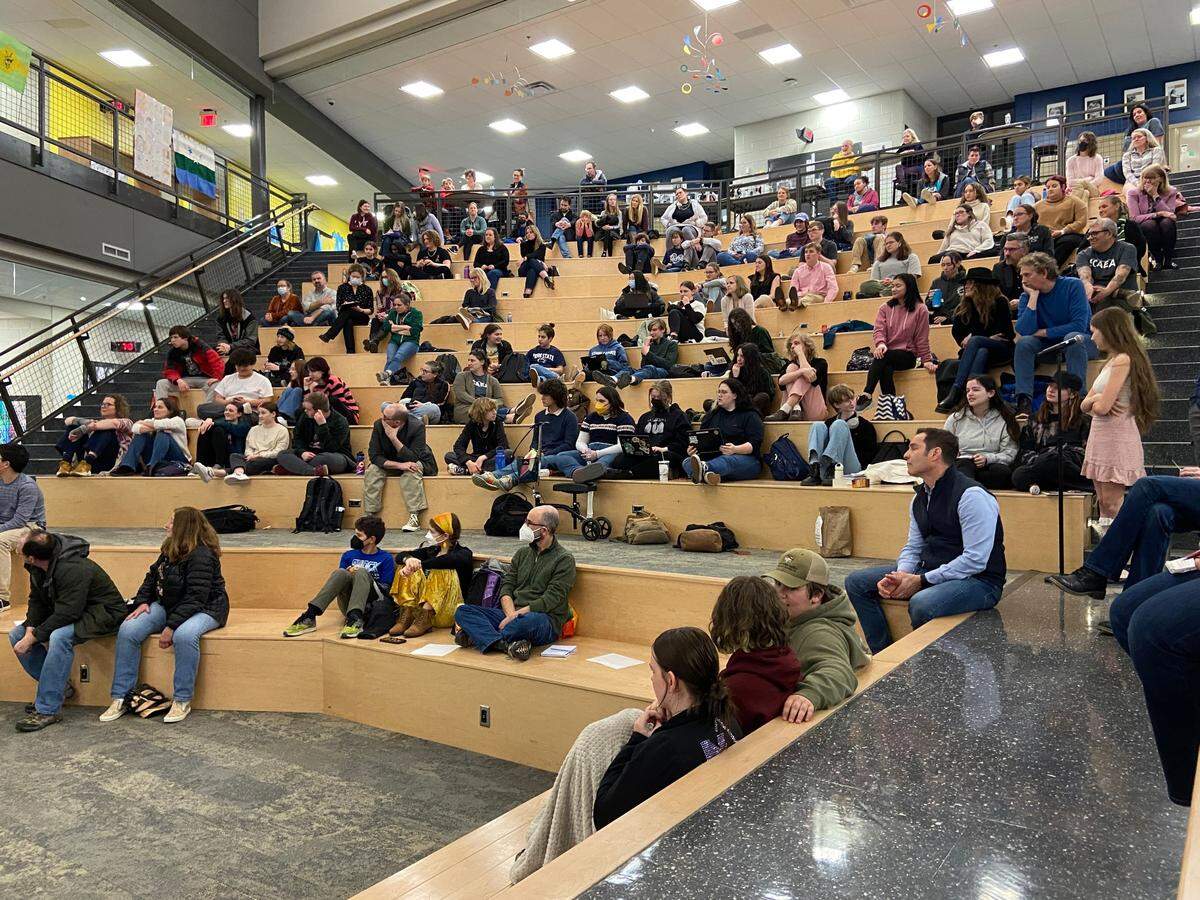 Students, parents and faculty gather for a meeting at State College Area School District’s Delta program to discuss becoming a separate school on March 1, 2023.